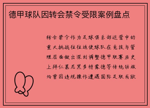 德甲球队因转会禁令受限案例盘点
